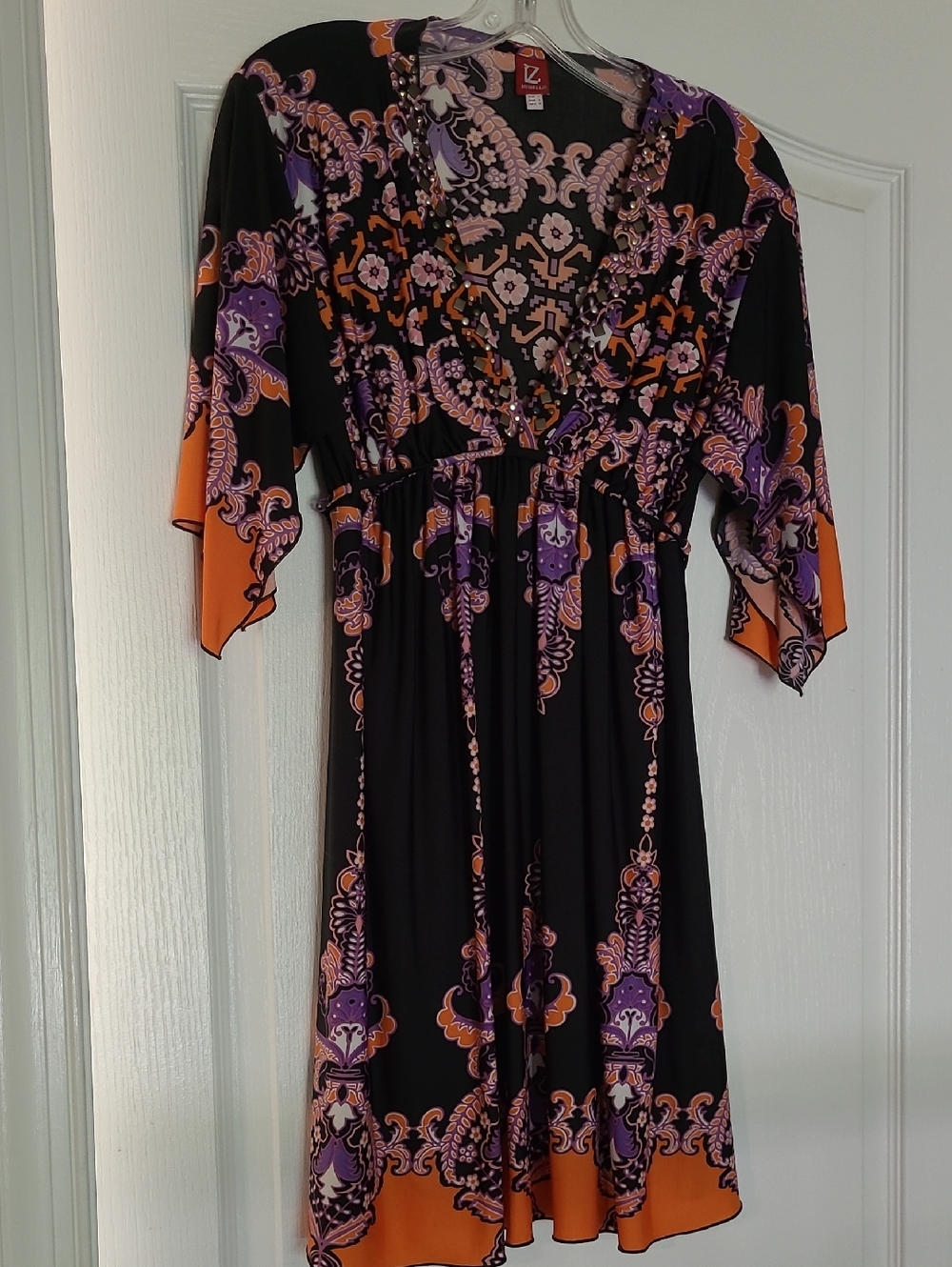 Minelli US L Black Tunic/Dress w Purple & Orange Paisley Print & Studded V Neck
